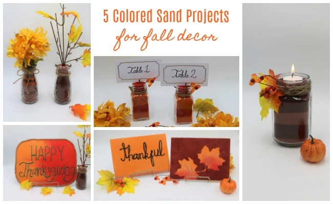 Use colored sand to create beautiful fall decor projects!  It's easy to use colored sand in fall shades to make pretty fall centerpieces, fall table numbers, and fall mason jars.